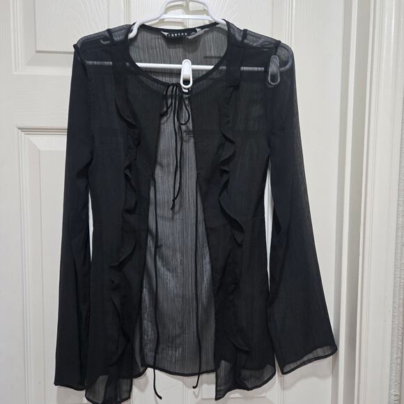 Lioness Sheer Ruffle Tie-Front Black Blouse XS - Picture 7 of 9